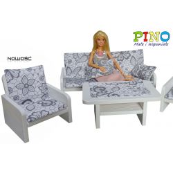 Piękny koronkowy zestaw mebelków drewnianych  do salonu dla lalek Barbie