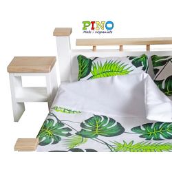 W komplecie 2 drewniane szafki nocne z piękną pościelą w liście