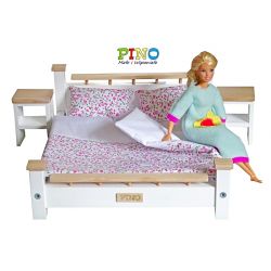 Piękna duża sypialnia drewniana dla lalek Barbie i Kena z szafkami i pościelą