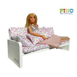 3 osobowa drewniana biała sofa dla lalek Barbie - do salonu