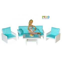 Kolekcja drewnianych mebelków w mocnym - soczystym kolorze turkusowym