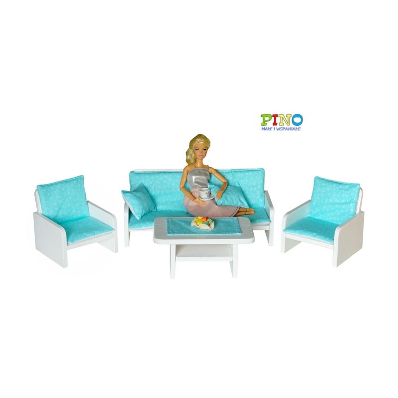 Kolekcja drewnianych mebelków w mocnym - soczystym kolorze turkusowym