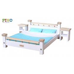 ŁÓŻKO PODWÓJNE W SKANDYNAWSKIM STYLU DLA LALEK BARBIE I KENA + SZAFKI NOCNE + POŚCIEL