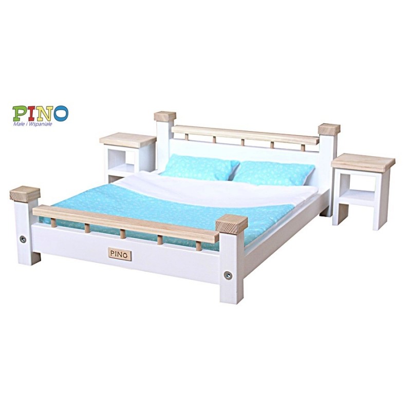 ŁÓŻKO PODWÓJNE W SKANDYNAWSKIM STYLU DLA LALEK BARBIE I KENA + SZAFKI NOCNE + POŚCIEL